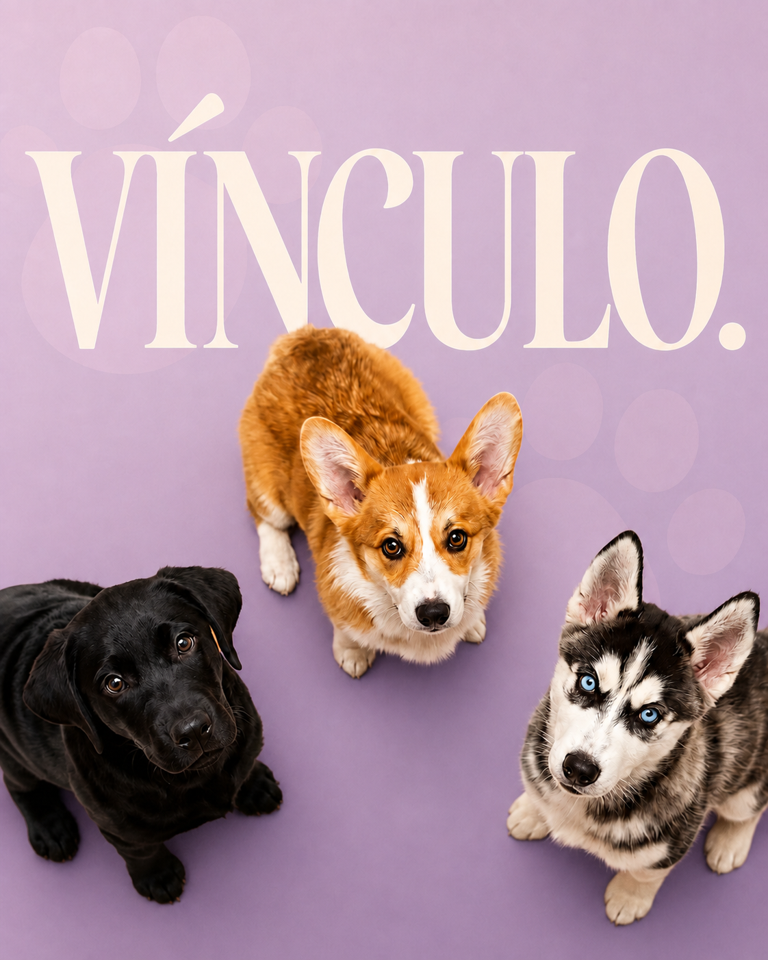 Três cães sobre um fundo roxo-pastel da Dogs Era